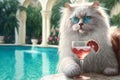 A white fluffy cat in a sunglasses sitting near swimming pool with a cocktail near him. Created with Generative AI Royalty Free Stock Photo