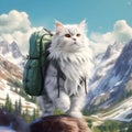 White fluffy cat traveler with green backpack against backdrop of mountains and river Tourism and travel with pets concept