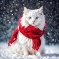 White Cat Wearing Red Winter Scarf