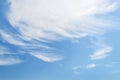 White fluffy cirrus clouds in a stratosphere. Translucent fiber like spindrift clouds high in the blue summer sky.  Different Royalty Free Stock Photo