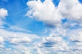 White fluffy clouds on clear sunny blue sky background closeup, cumulus cloud texture, cloudy skies, cloudiness, cloudscape heaven Royalty Free Stock Photo