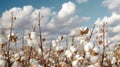 Growing cotton. Horizontal banner. White fluffy cotton in a field, blue sky with clouds.