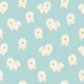 White fluffy cute cartoon happy flat dog on blue background seamless pattern