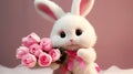 White fluffy cute rabbit with congratulatory bouquet of pink flowers on a light background