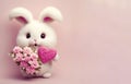 White fluffy cute rabbit with congratulatory bouquet of pink flowers on a light background