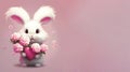 White fluffy cute rabbit with congratulatory bouquet of pink flowers on a light background