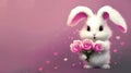 White fluffy cute rabbit with congratulatory bouquet of pink flowers on a light background