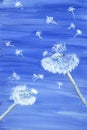 White fluffy dandelions flying in the wind on an abstract blue background. Watercolor illustration