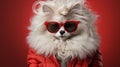 white fluffy dog with a funny hairstyle wears glasses and a jacket. A pet on a red , close portrait. Royalty Free Stock Photo