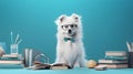 White fluffy dog with glasses scientist researcher in scientific chemical laboratory Funny education and study concept Royalty Free Stock Photo