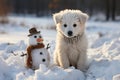 A white fluffy dog near a snowman.