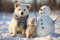 A white fluffy dog near a snowman.