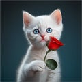 A white fluffy little kitten holds a red rose in its paws. Generative AI, generative artificial intelligence