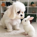 White fluffy maltese puppy and adorable rabbit doll, cute pets,