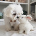 White fluffy maltese puppy and adorable rabbit doll, cute pets