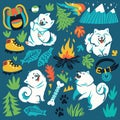 White fluffy puppies and hiking, travelling, adventure elements. Vector illustration