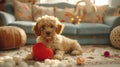 White fluffy puppy on plush rug in cozy living room with heart toy, basking in sunlight.