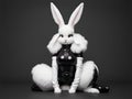 White Fluffy Rabbit in a Black Latex Costume Royalty Free Stock Photo