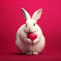 A white fluffy rabbit holds a red heart in its paws on a pink background, generative AI, generative artificial intelligence