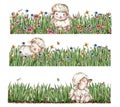 White fluffy sheep sitting in the field of grass with flowers and butterflies. Watercolor hand drawn illustration of farm baby