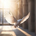 White flying dove bird in the mystical light inside church. Created using generative Al tools