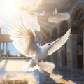 White flying dove bird in the mystical light inside church. Created using generative Al tools