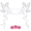 White Flying Doves, Ribbon and Roses Royalty Free Stock Photo
