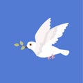 White flying pigeon holding twig with leaves in beak side view flat style