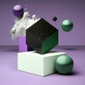 white foam and black sparkles, green sand and purple cubes podium, empty showcase for packaging product presentation AI