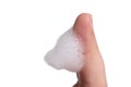 White foam bubbles texture with child finger and hand isolated Royalty Free Stock Photo