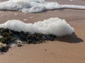 White foam on the sea shore, texture, abstract water reflections