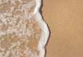 White foamy wave on the beach sand. Top view. Marine texture background