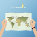 White folded world map holding by the tourist hand. World map in flat design, Vector