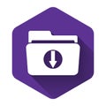 White Folder download icon isolated with long shadow. Purple hexagon button Royalty Free Stock Photo