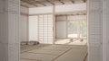 White folding door opening on empty yoga studio interior design, open space with mats, pillows and accessories, tatami, futon, zen