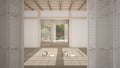 White folding door opening on empty yoga studio interior design, open space with mats, pillows and accessories, tatami, futon, zen