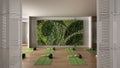 White folding door opening on empty yoga studio interior design, space with mats, pillows and accessories, parquet, mirror,