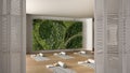 White folding door opening on empty yoga studio interior design, space with mats, pillows and accessories, parquet, mirror,