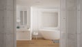 White folding door opening on minimalist luxury bathroom with bathtub, sink, carpet and mirror, white interior design, architect