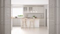 White folding door opening on modern scandinavian kitchen with island, stools and pendant lamps, cabinets and accessories, white