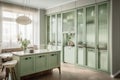 White folding reeded glass partition, design kitchen cabinet, dining room sunlight from window