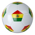 White football ball with flag of Bolivia on a white background. Isolated. Leather soccer ball. Classic white ball with patches.