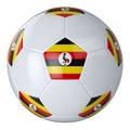 White football ball with Uganda flag on a white background. Isolated. Leather soccer ball. Classic ball with patches. Flags of