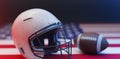 white football helmet and football ball on america flag, 3d rendering Royalty Free Stock Photo