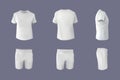 White football tshirt, shorts mockup. 3d jersey sport uniform different angles view, blank front and back sides, male Royalty Free Stock Photo