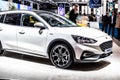 White Ford Focus station wagon, Brussels Motor Show,  4th gen, compact car produced by American automaker Ford Motor Royalty Free Stock Photo