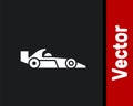 White Formula 1 racing car icon isolated on black background. Vector Illustration