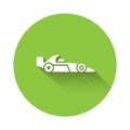 White Formula 1 racing car icon isolated with long shadow. Green circle button. Vector Illustration