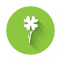White Four leaf clover icon isolated with long shadow. Happy Saint Patrick day. Green circle button. Vector