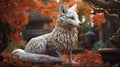 White fox in autumn color kimono, wooden art, subsurface scattering, AI Generative